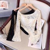 Spice Girls Pure Lust Wind Inclined Shoulder Long Sleeve Irregular Short Lace Spring Autumn New Body-Uppable Horn Sleeve Top
