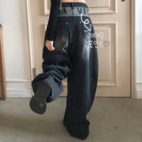 Korea Dongdaemun INS Retro After The Letter Design Feel Black Gray Loose Jeans LanÊÝ Trousers