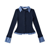 College Wind Fake Two Long-Sleeved Knitted Shirt Women's Shirt Collar Thin Short Sweater Korean Cardigan New
