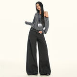25Th Ootd!| Hairy Trousers Autumn And Winter Low-Waist Buttons Loose Tug Broad Leg Pants Dark Gray Black