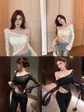 Spice Girls Pure Lust Wind Inclined Shoulder Long Sleeve Irregular Short Lace Spring Autumn New Body-Uppable Horn Sleeve Top