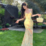 Purely Want Holiday Style Yellow Broken Flower Hanging Dress Women Summer Bare Back Strap To Close The Waist Net Yarn Fishtail Long Skirt