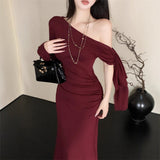 Wine Red Ribbon With Oblique Shoulder Long-Sleeved Dress Women Winter Body-Repair Irregular Dress Pure Want To Pack Hip Dress