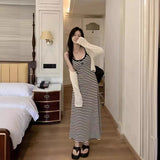 Yuyue Yue Striped V-Neck A-Character Sling Dress Woman Xia Han Casually Repair Waist-Skinny Dress
