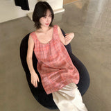 Korean Daily Relaxation Feeling With Sweet Lattice Folded V-Neck Vest Short Dress Thin Design Dress Woman