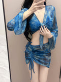 Blue Tie-Dye Four-Piece Swimsuit Women's Net Yarn Long-Sleeved Jersey Sleeves Jersey Bikini Beach Swimsuit