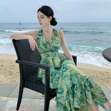 2026 French Holiday Dizzling Green Hanging Neck Hanging Cake Dress Summer New Sanya Seaside Resort Dress