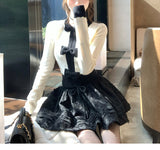 Autumn A Set Of Evening Star Slats Small Fragrant Feel Vertical Black And White Bow Bump Color Waist Knitted Shirt
