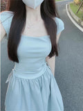 Blue Square Tie Dress Women's Summer 2025 New Splicing Skirt High-End Waist Display Thin Dress