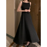 Korean Chic Gentle Wind And Light Luxury High-Level Shoulder Design Sense High Waist Thin Sleeveless Long Dress 3 Colors