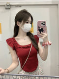 5051 #Summer Cotton Small Fresh Square Wooden Ear To Reduce The Age Of Small Flying Sleeve Bow Design Short-Sleeved T-Shirt