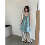 Korean Daily Relaxation Feeling With Sweet Lattice Folded V-Neck Vest Short Dress Thin Design Dress Woman