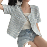 Korean Chic Spring And Summer French Small Fragrant Wind Pearl Buckle Round Necker Coarse Flowers Short Sleeves Jacket Topess