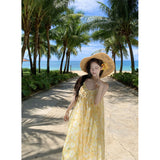 Seaside Holiday Yellow Print Sling Dress Woman 2025 New French Sexy Summer Beautiful Little Dress