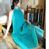 French Retro High-End Ink Painting Hanging Neck Dress Summer Loose Thin Sleeveless Fairy Vacation Long Skirt