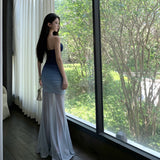 Gradient Blue Pure Holiday Style Niche High-End Sense Of The Ass Tail Tective Net Yarn Dress