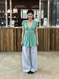 Korean Temperament Sweet Sister Style V Collar Short Sleeves Waist Top Summer New Thin Niche Outside Wearing A Solid Color T-Shirt