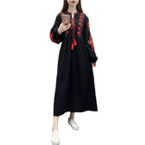 Spring And Autumn New National Style Embroidery Tichung With Cotton Embroidery Dress Loose A Letter Lantern Long Sleeve Dress