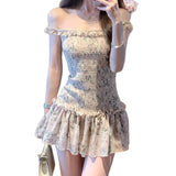 2026 Summer New Pure Desire A Word Shoulder Broken Dress Women Loose To Close The Waist Thin Hottie Leaf Side Skirt