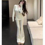 Autumn And Winter Wear A Set Of Women's Fashion Leisure Slim Thin Open Fork Long-Sleeved T-Shirt Broad Leg Pants Two Sets Of Women