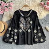 Bohemian Heavy Industry Embroidered Tuxedo Women's Spring Long Sleeves Loose Meat Cover Lantern Sleeve Holiday Blouse