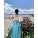 Seaside Holiday Style White Sling Dress Women Summer Sexy Bare Back Loose Skinny Beach Hanging Neck Long Skirt