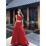 2025 French Niche High-Grade Cold-Slanted Shoulder-Out Dress Women's Seaside Holiday Atmosphere Super Fairy Long Dress