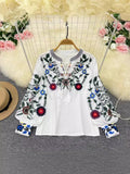 Spring And Autumn Retro National Style Temperament Long-Sleeved Round Collar Collar Embroidered Loose Shirt Female Air Doll Shirt