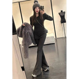 Autumn And Winter Wear A Set Of Women's Fashion Leisure Slim Thin Open Fork Long-Sleeved T-Shirt Broad Leg Pants Two Sets Of Women