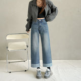 Autumn High-Waisted Ripping Elastic Straight Jeans Women's Large-Size Slim Slim-Skin-Nine Trousers Small