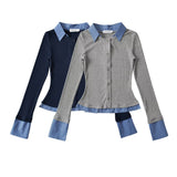 College Wind Fake Two Long-Sleeved Knitted Shirt Women's Shirt Collar Thin Short Sweater Korean Cardigan New