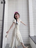 New Super Fairy Gentle Wind V-Neck Dress Holiday Wind Woman Waist Irregular Lotus Leaf Side First Love A Word Long Dress