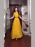 Fashion Yellow Temperament Niche Sleeveless Dress 2025 Summer New Port Wind Beautiful Waist Long Dress Woman