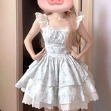 French First Love Sweet Little Flying Sleeves Broken Floral Dress Women Summer Waists Show Skinny Little Princess Puff Short Skirt