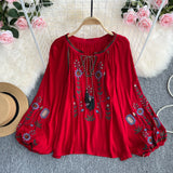 Spring And Autumn Retro Loose National Style Embroidery Thin Lantern Sleeve Doll Top Female Round Collar Collar Collar Shirt