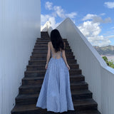 2025 Super Fairy Summer Wave Blue Pure Desire Holiday Windy Back Dress To Collect The Waist Thin Skirt Slings Long