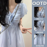 French Literary Style V-Neck Blue Bubble-Sleeved Dress Small Men With Female Fairy-Enender Waist Dress