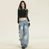 24Th Ootd! Exploding ~| Hand-Sewn Creased Retro Water Wash Low-Rise Jeans Loose No-Leg Trousers
