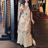 Coagulant New Chinese Style Dress Heavy Industry Embroidered Vest Cheongsam Skirt Mid-Length Skirt