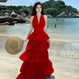 2026 New Sexy Seaside Resort Wind Deep Hanging Neck Dress Bare Back Strap Cake Super Fairy Long Dress Super Fairy
