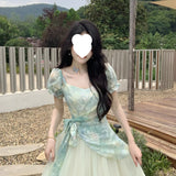 Tea Break French Sweet Fresh Dopamine High-Grade Dizzy Printing Splicing Mesh Screen To Collect Two Dresses