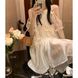 White Pure Lust Wind Out-Shoulder Straped Round Collar Dress Female New Summer Gentle Temperament Sweet First Love Dress