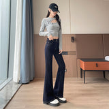 Denning Blue Micro-Trumpet Jeans 2025 Autumn Dress New High-Rise Thin Flip Pocket Drag Floor Lengthening Flared Trousers