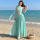2026 Summer New Temperament Slanted Shoulder-Back Sleeveless Dress Seaside Holiday Fairy Chiffon Long Dress