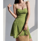 Fresh Girl Shoulder Tice Green Print Sling Dress Women Summer Waist Thin Dress Short Skirt