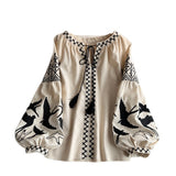 Bohemian Wind Heavy Industry V-Neck Embroidered Shirt Female Korean Version Long Sleeve Loose Tussel Design National Wind Top