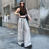 2026 Spring Dress New Casual Pants Wide Leg Trousers Leopard Straight Trousers Women's Jeans Light Gray Leopard Trousers