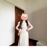 French Gentle Style Long Dress Temperament V Collar Short Sleeves Broken Flower Dress 2025 Summer Waist Apparent White Dress
