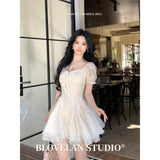 Blovelan White Tea And Wind Pure White Moonlight Temperament Scissor Fluffy Mesh Splicing Dress Princess Dress