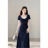 2026 Summer Short-Sleeved Dress Female Design Sense Hanging Neck French Retro Temperament Waist Show Lanky Skirt
